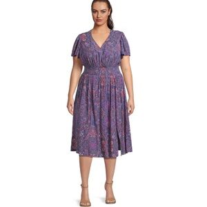 Terra & Sky Women's Plus Size Surplice Midi Dress Boho Paisley/Blue Comet 2X NWT